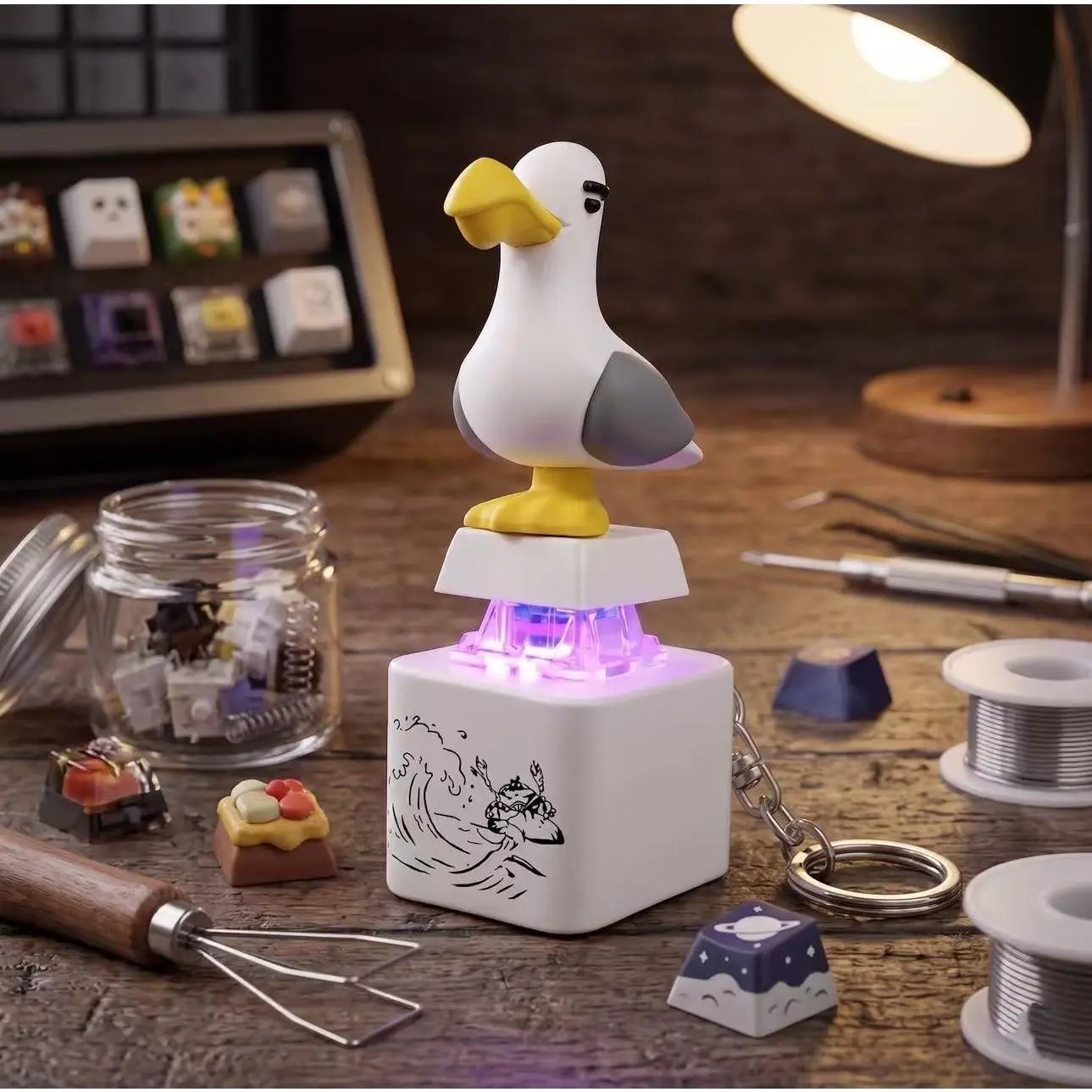 Seagull Shape Squishy Button Keychain - Cute LED Light-Sound Fidget Toy, Stress Reliever for Office Desk, Party Bag Gift for Work