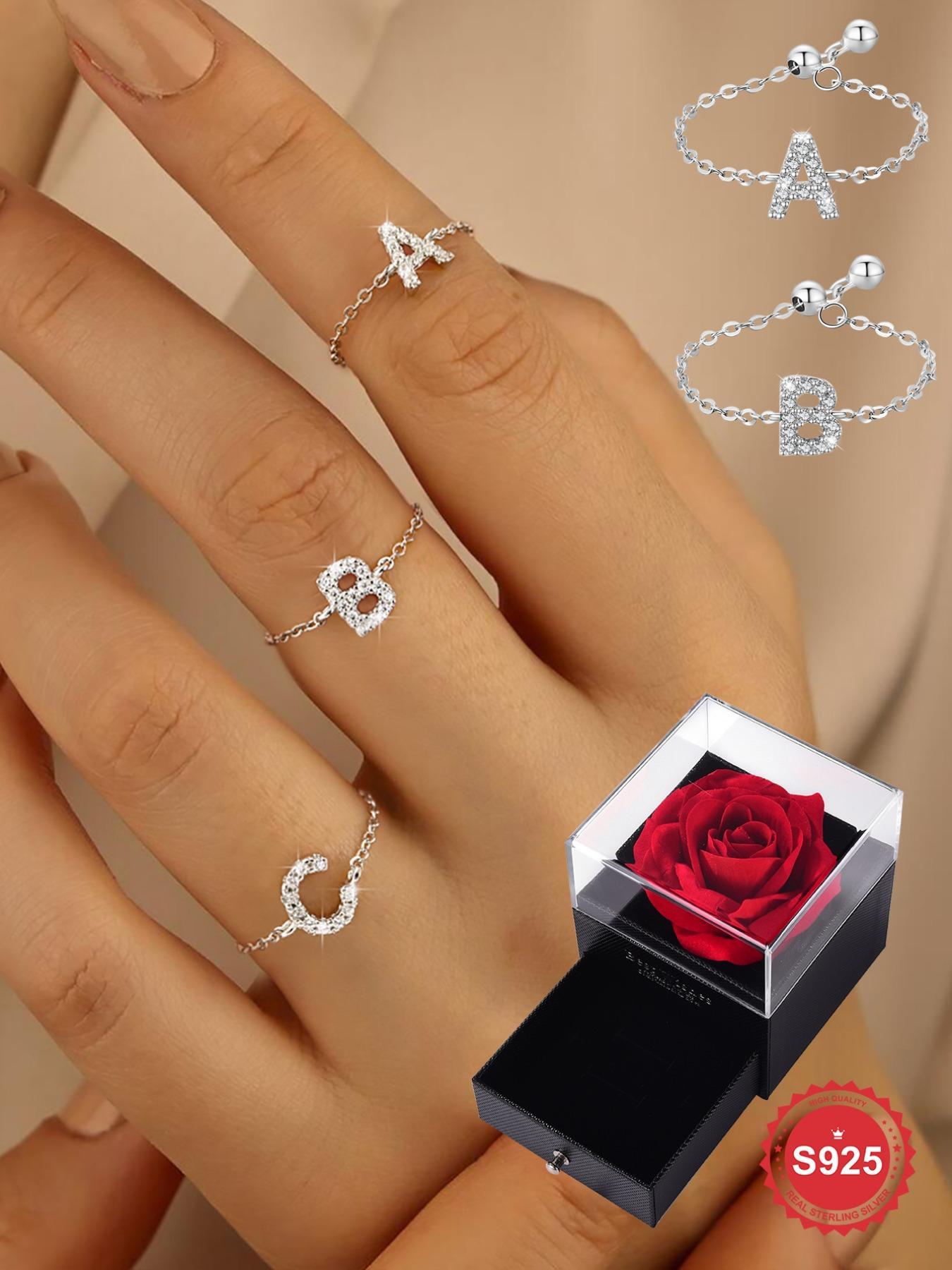 S925 Sterling Silver Initials Designed Artificial Zircon Decor Adjustable Chain Ring, Alphabet Design Ring, Personalized Daily Wear Ring, Fine Jewelry for Dating, Party, Wedding, Engagement, Anniversary Gift, Adjustable Rings