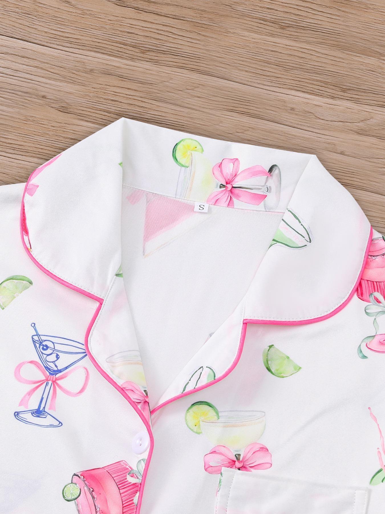 Women's All Over Cocktail Print Button Front Shirt & Elastic Waist Shorts Pyjama, Casual Comfy Short Sleeve Top & Shorts PJ Set, Ladies Sleepwear for All Seasons, Loungewear, Sleepwear Pajamas Set
