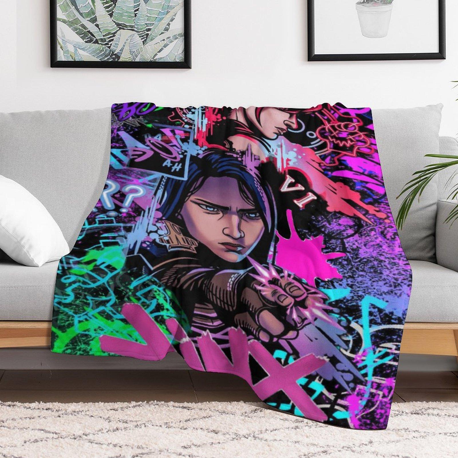 "Arcane" Jinx & Vi Graffiti Flannel Blanket — A Soft, Casual Throw. An Edgy, Neon-Punk Style Fleece Blanket Featuring Game Characters—A Unique Gift for Fans with an Aesthetic Sensibility. A Comfortable, Warm Throw Blanket for Sofas and Beds.