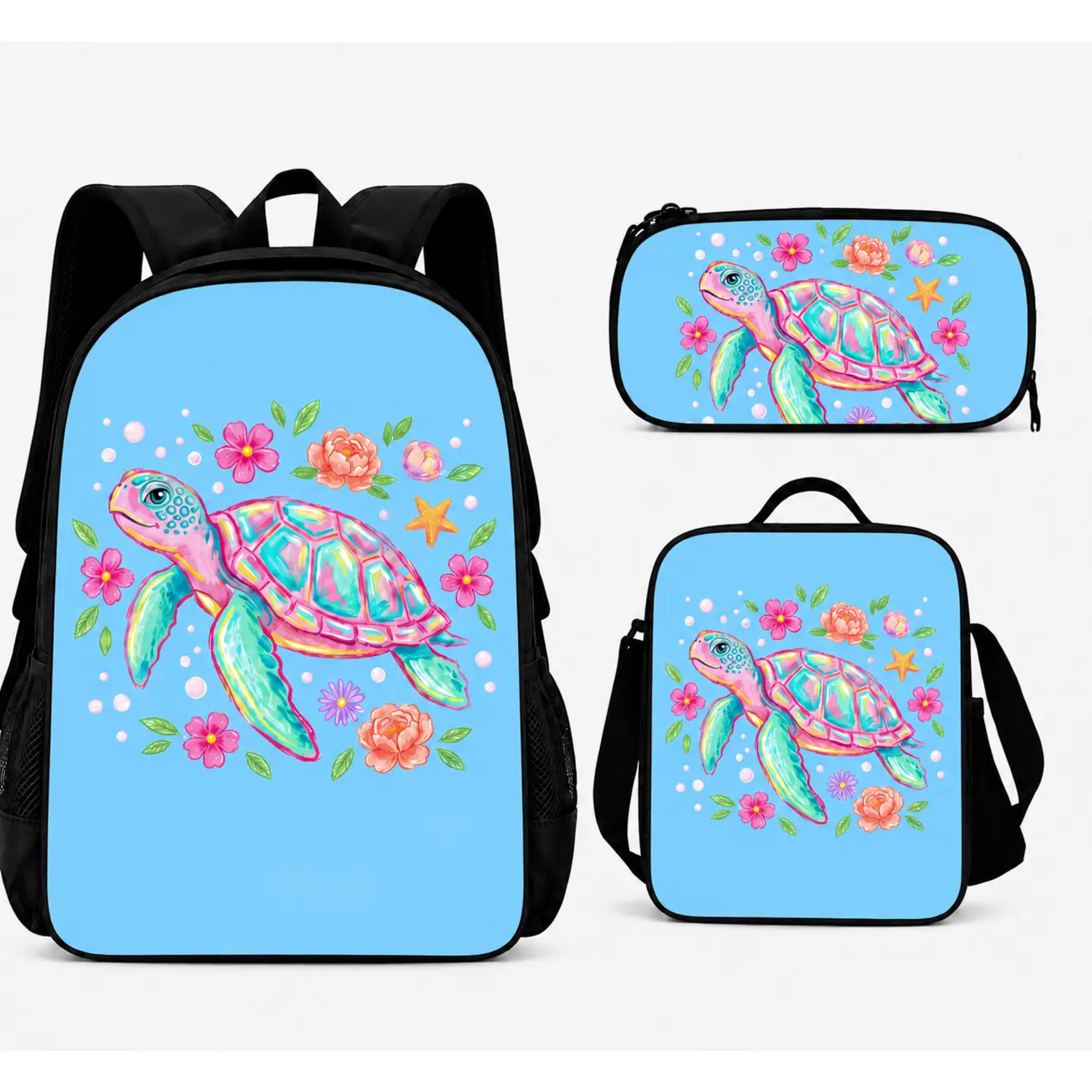 Blue Sea Turtle 3-Piece Backpack Set for Girls, Matching Backpack, Lunch Bag and Pencil Case with Adjustable Shoulder Straps, Top Handles, Zippered Closures, Side Mesh Pockets and Black Trim for School Days, Classroom Use, Lunch Breaks and Study Sessions