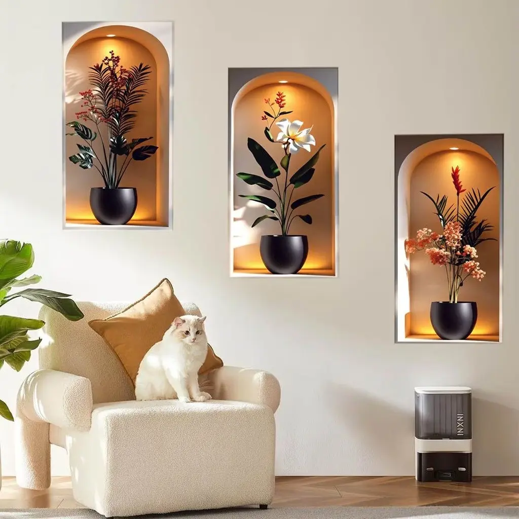 3 Piece Set Tropical Plant Wall Stickers, Floral Wall Decals, Exotic Leaf and Flower Design, Bohemian Style, Ideal for Living Room, Bedroom, Hallway Decor