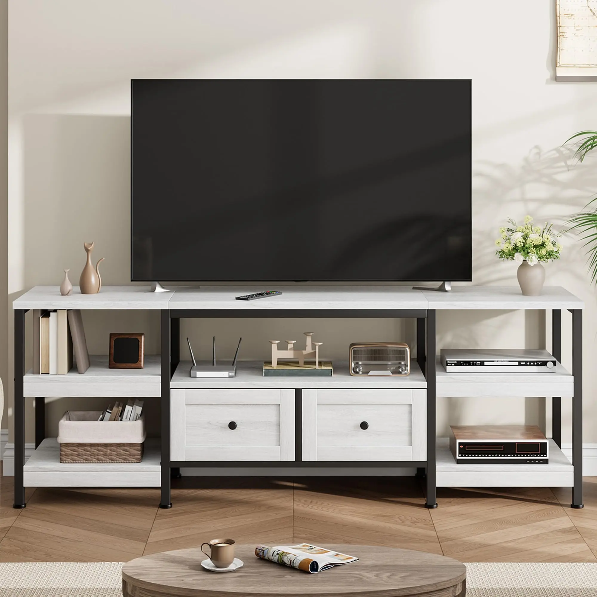 Industrial TV Stand with 2 Drawers, 63“/”71"/79" Entertainment Center for TVs Up to 65", Rustic Media Console with Storage Shelves