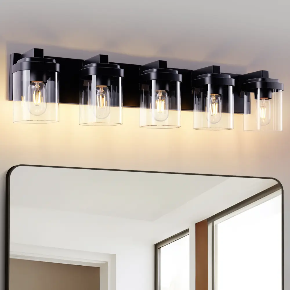 5-Light Matte Black Bathroom Vanity Fixture with Transparent Glass Shade, 30.8 in Indoor Wall Mount for Over Mirror in Bedroom (NO BULBS)