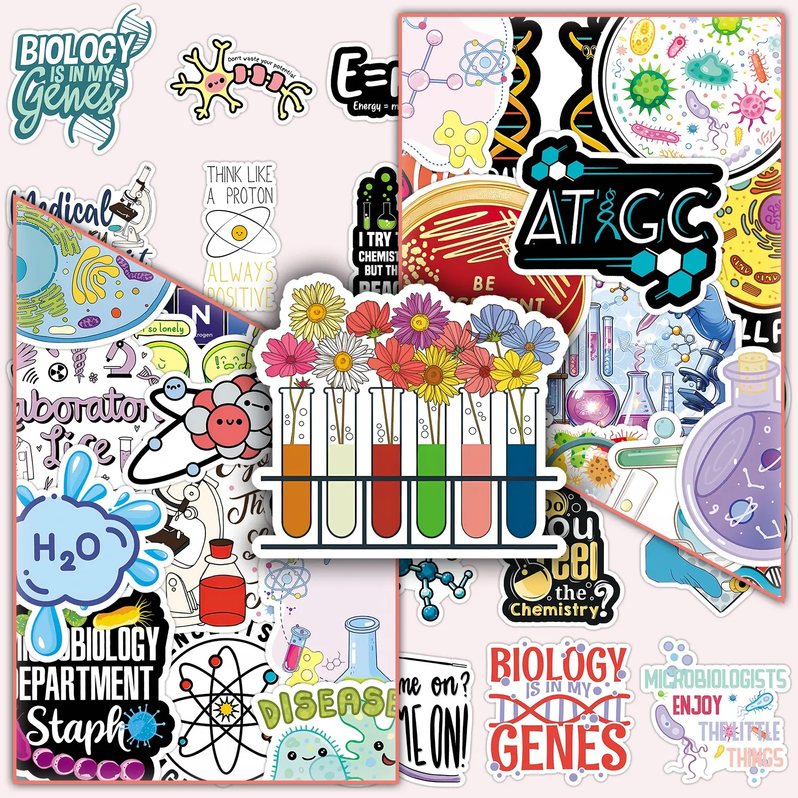 100 Sheets, Two Sets of Repeat Science Biology Chemistry Physics Creative Experiment Decorative Stickers for DIY Scrapbook & Journal