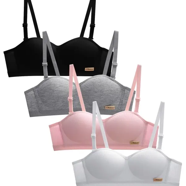 Girls' 4-Pack Tween Bralettes, Ribbed Convertible Soft Fabric Bra with Removable Straps, Padded Wireless Breathable Everyday Wear Underwear, Basic, Thin, Essential Underwear, Fashion Inner Wear, Youth Underwear Breathable Underwear
