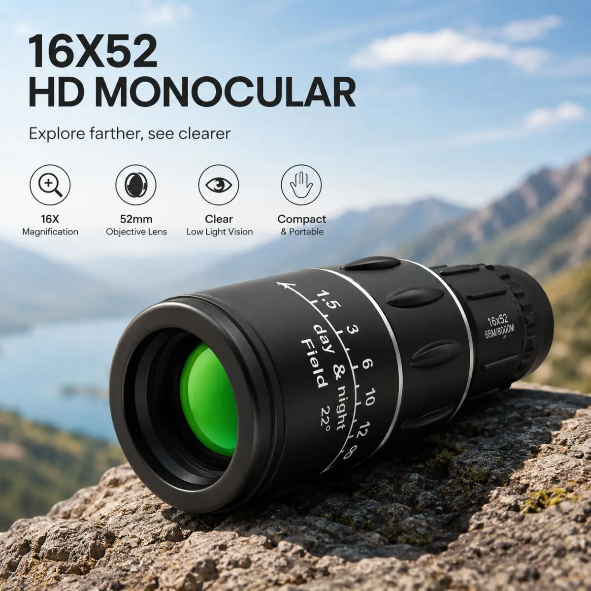 Non-Slip Vertical Grain 16X52 HD Monocular Telescope, BAK4 Prism Green FMC Lens Waterproof Handheld Scope with Phone Adapter & Tripod, Durable Anti-Wear Monocular for Concerts Bird Watching Hiking Outdoor Scenery Viewing Travel Photography