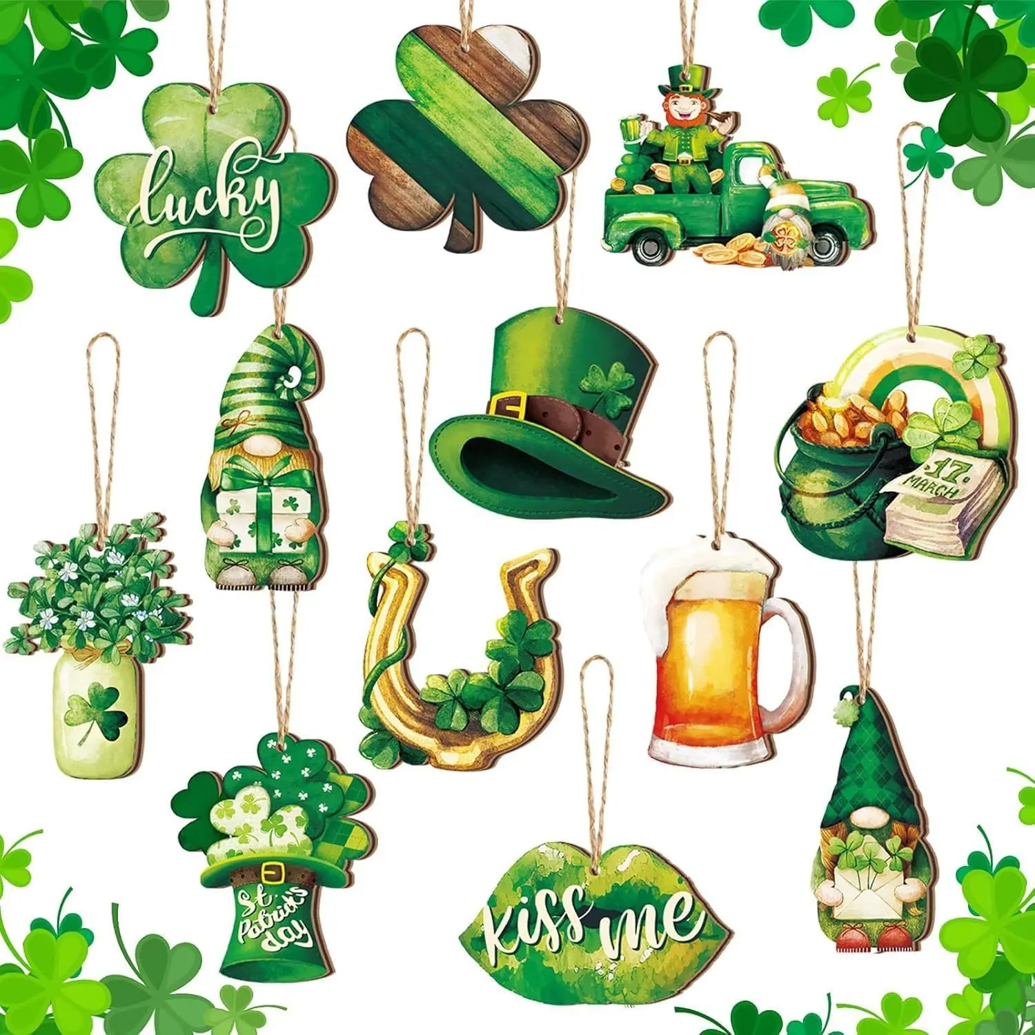 St. Pat’s Day Wooden Ornaments, 24-Piece Shamrock, Clover & Gnome Hanging Decor Set for Irish Party & Tree Decorating, Decoration, 24Pcs, No Warning Applicable, Party Decor, Shamrock Motifs