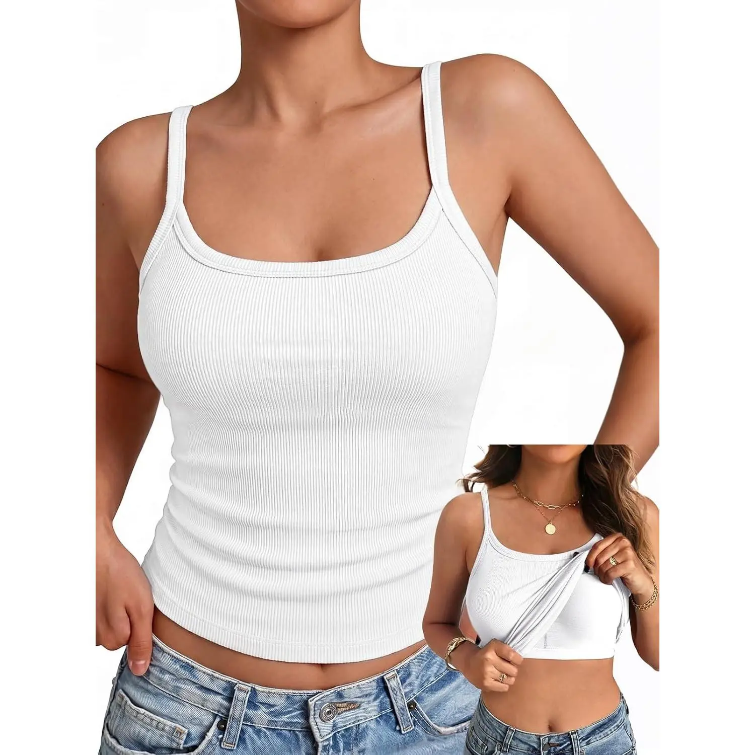 Women Built in Bra Tank Top Form Fitting Scoop Neck Ribbed Basic Padded Cami ShirtsGift