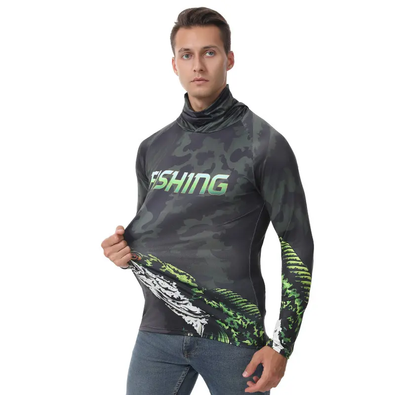 Ultra-thin camouflage fishing suit, sun-protective men's tight-fitting quick-dry fishing sun-protective clothing, outdoor hooded sun-protective mask fishing suit