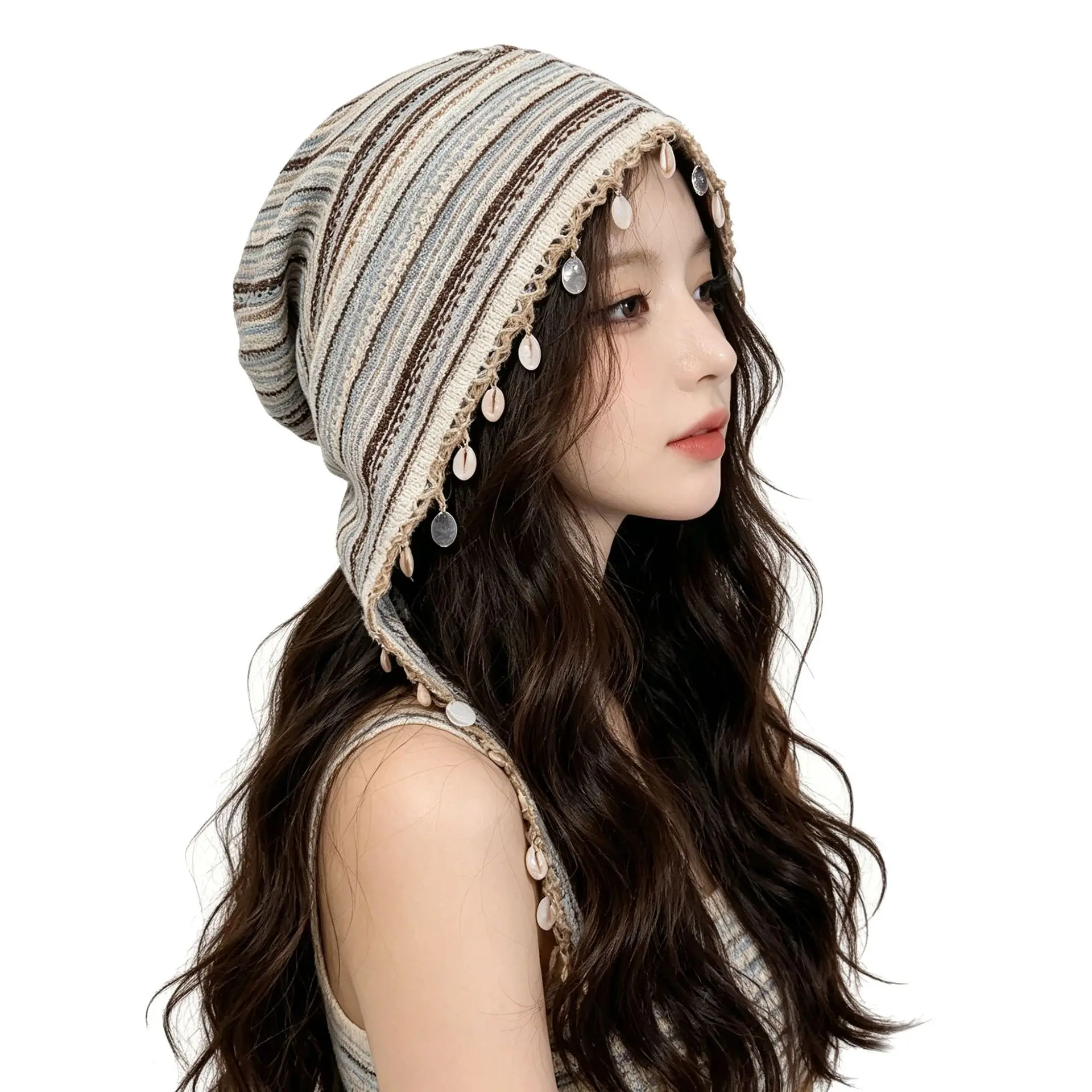 Viral Boho Striped Knit Hooded Beanie Cap with Shell Disc Charms Soft Stretch Slouchy Bonnet Women Y2K Fairycore Beach Vacation Festival Fashion