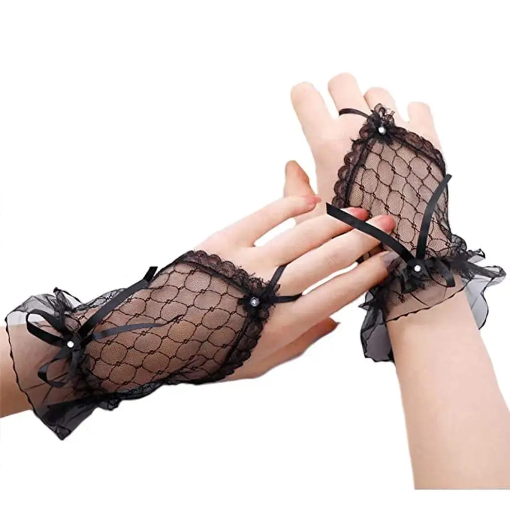 Womens' Wedding Gloves Fingerless Rhinestone Lace for Brides and Bridesmaids Bow White Black Red
