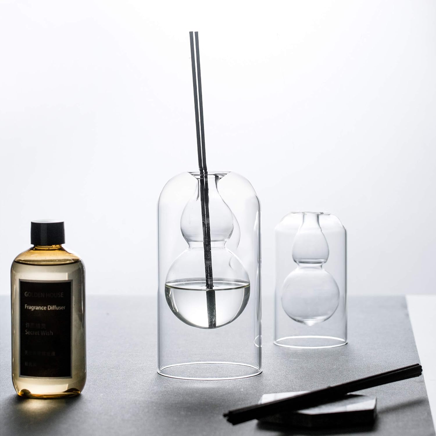 Empty Glass  Reed Diffuser Bottles,for Essential Oil, with 16 count Black Reed Sticks,Minimalist Decor,2pcs/Set.