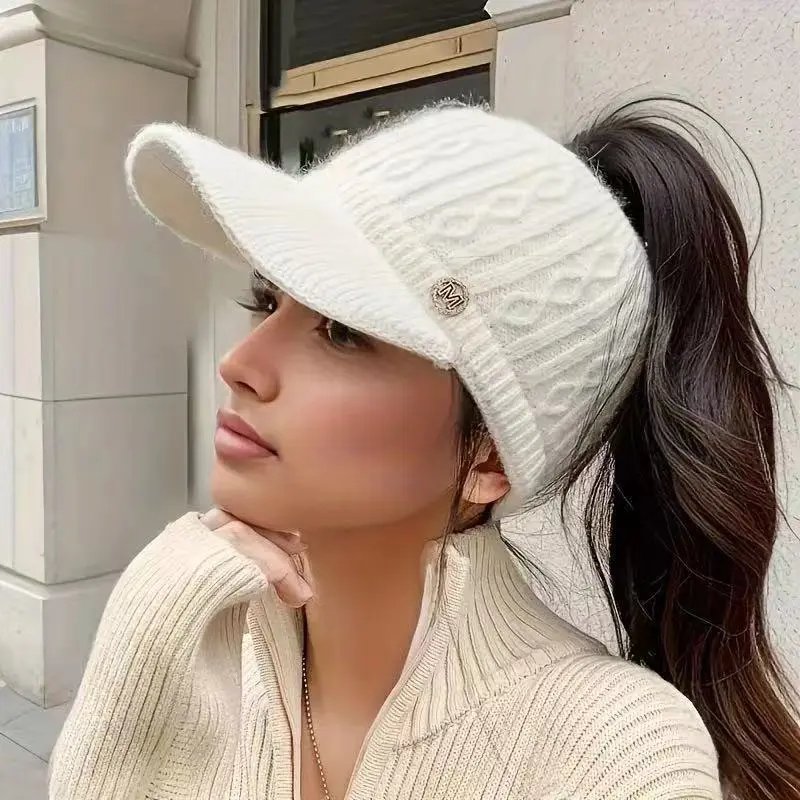 Viral TikTok Shop Trending Cable Knit Visor Hat For Women Winter Warm Fleece Lined Beanie Ponytail Messy Bun Cap Outdoor Running Sports Tennis Thermal Soft Fluffy Elastic Headband White Color Athletic Stylish