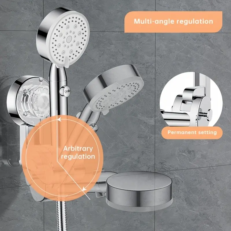 Wall-Mounted Shower Head Holder, Shower Attachment, Silver Color Suction Cup, Adjustable, No Drilling, Abs Material, Summer Bathing New Arrival, Gift Idea