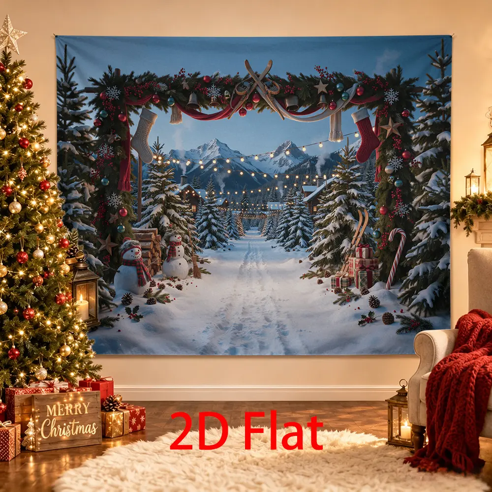 Christmas Mountain Backdrop Ski Lodge Snowman Garland Winter Photo Background