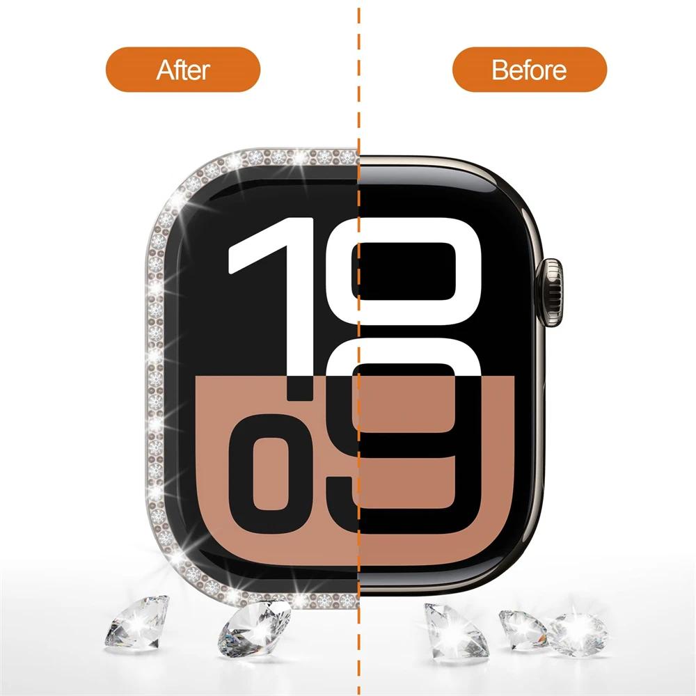 Diamond Case For Apple watch series 10 9 8 7 6 5 4 se 46mm 42mm 44mm-40-41-45mm Glass+Bling Bumper Screen Protector Accessories