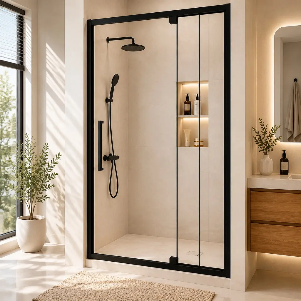 Modern Adjustable Arch Semi-Frameless Pivot Shower Door, 44-48 in.W x 72 in.H, 1/4 in. (6mm) Tempered Glass, Matte Black Aluminum Frame, Sealed, Reversible Left/Right Opening, Telescopic Rails