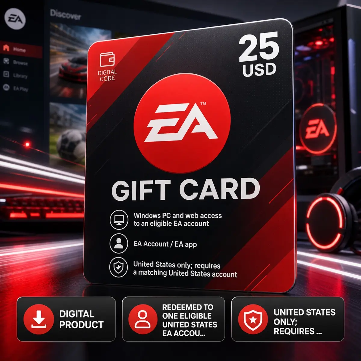 EA Gift Card 25 USD Digital Code, Gift Card, Windows PC and web access to an eligible EA account, EA Account / EA app, United States