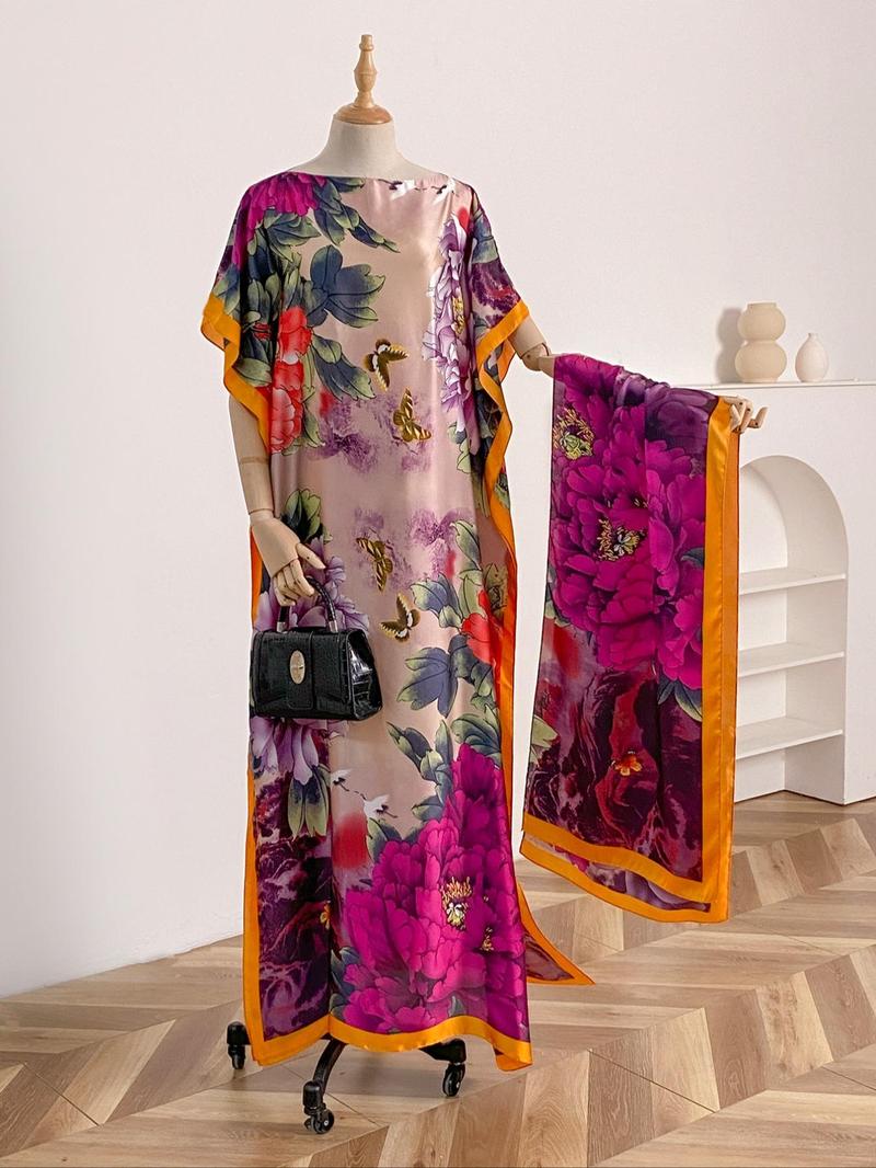Women's Peacock Print Cape Shawl & Scarf Set, Elegant Beach Cover-Up For Holiday Vacation, Swimsuit Cover Up