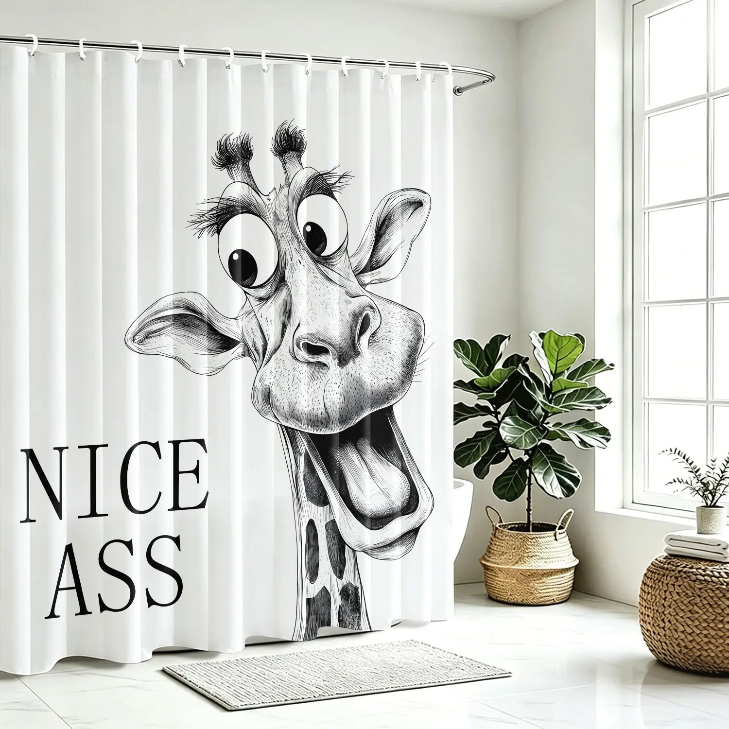 Funny Black White Sketch Giraffe Shower Curtain, Hand Drawn Cartoon Giraffe with Humorous Text Print Waterproof Polyester Bath Curtain, Washable Fabric Bathroom Partition Curtain with Hooks for Home Restroom