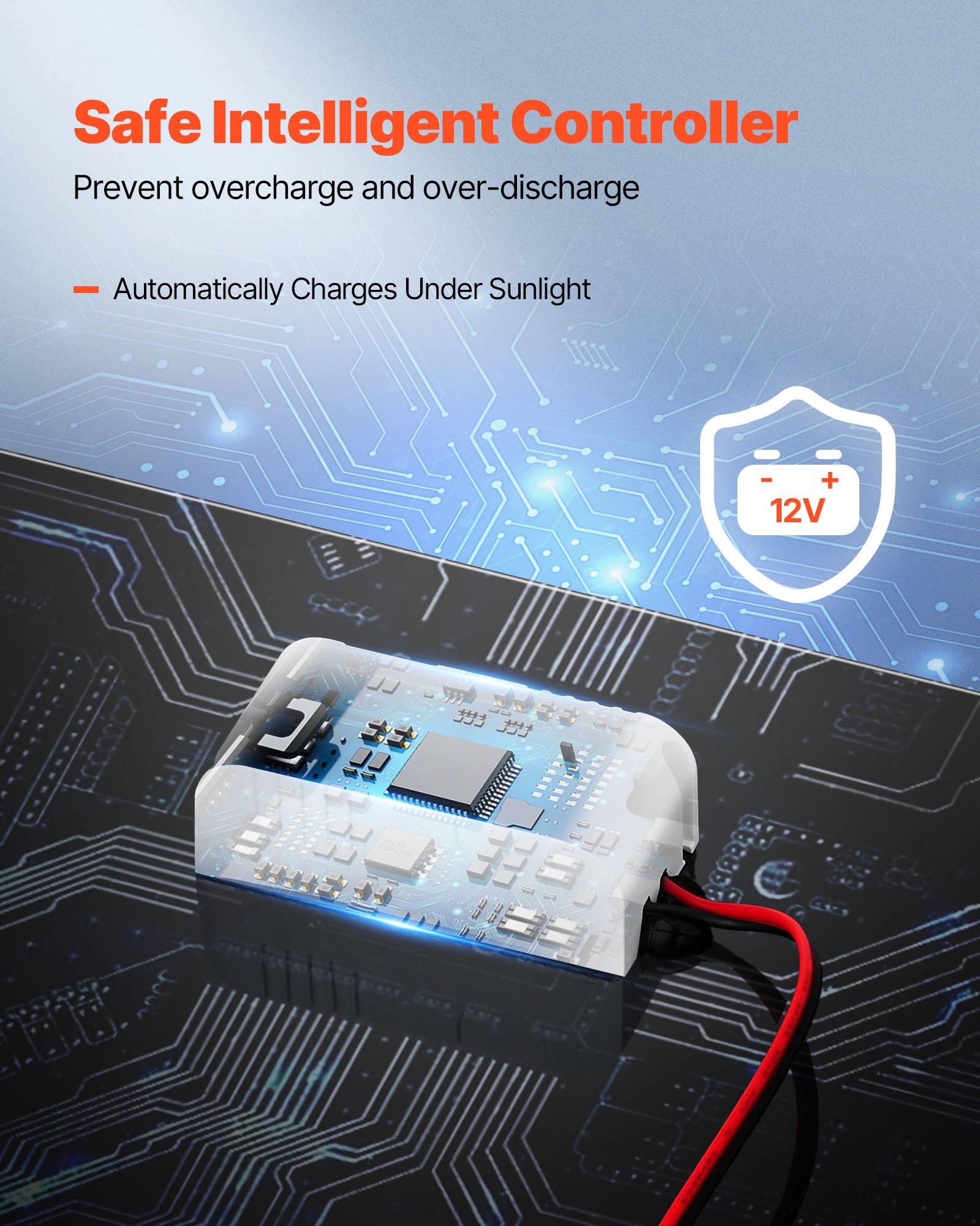 VEVOR 30W 12V Solar Panel Battery Charger, Solar Battery Trickle Charger Maintainer with Built-in Smart Controller & 3 Connection Cables, IP67 Waterproof Portable for RV Car Motorcycle Boat Van Camper