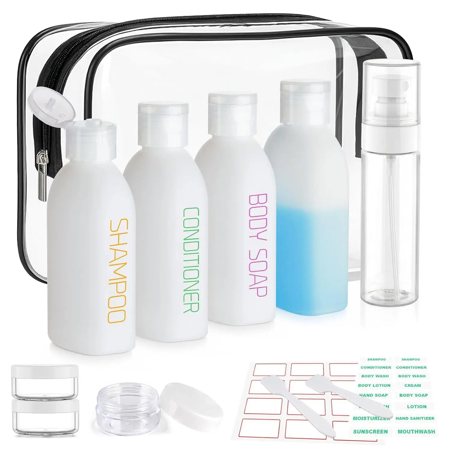 Travel Bottles for Toiletries 9PCS 3.4oz White Shampoo Bottles - TSA Approved Travel Size Containers with 2oz Spray Bottle, Leakproof, 0.35oz Plastic Cream Jars, and Toiletry BagGift