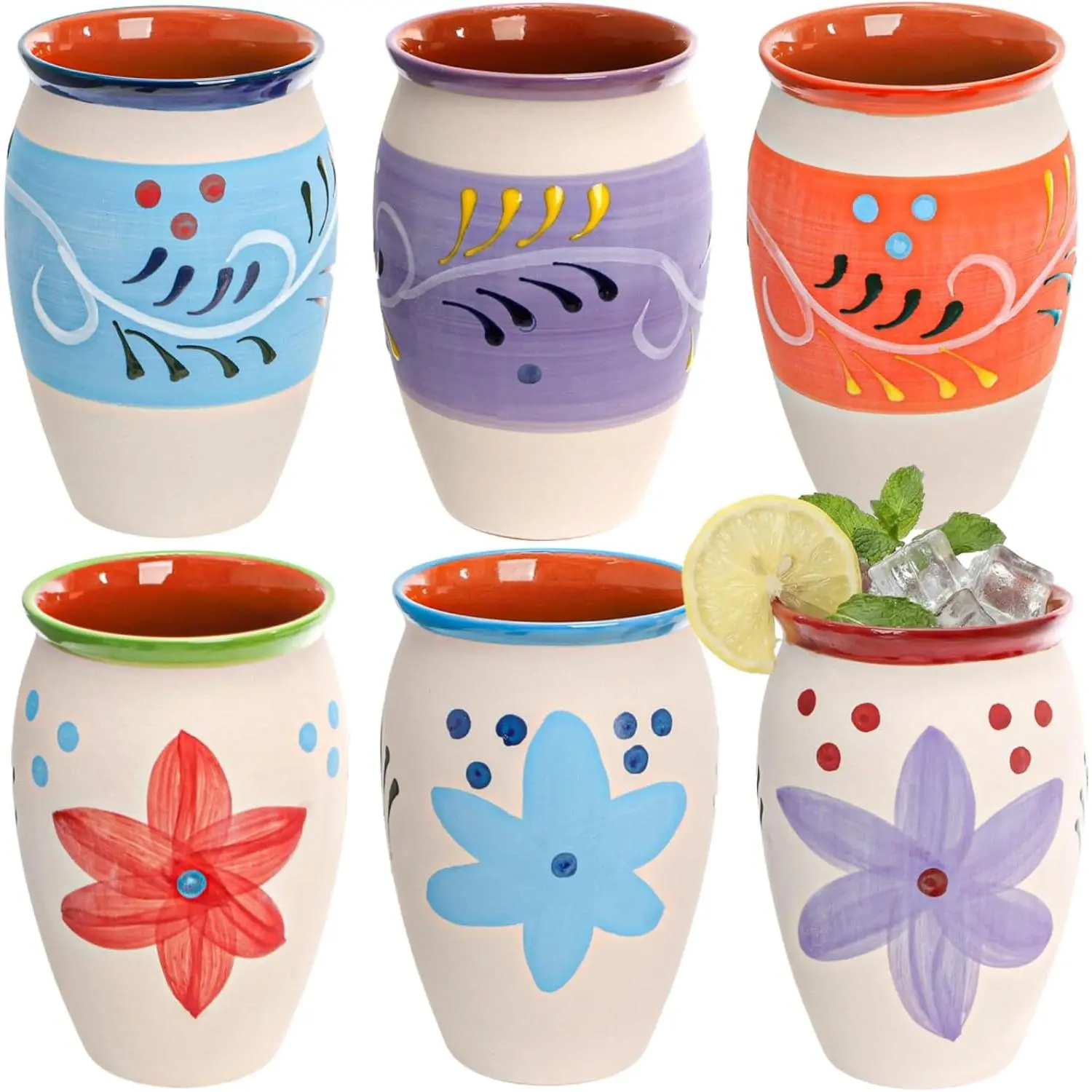 6 Pack 12 Oz Cantaritos Cups, Hand Painted Clay Dringking Cups | Colorful Mexican Terracotta Mugs, Pottery  Cup Bottles for Margaritas Mojitos Mexican Fiesta Taco Tuesday