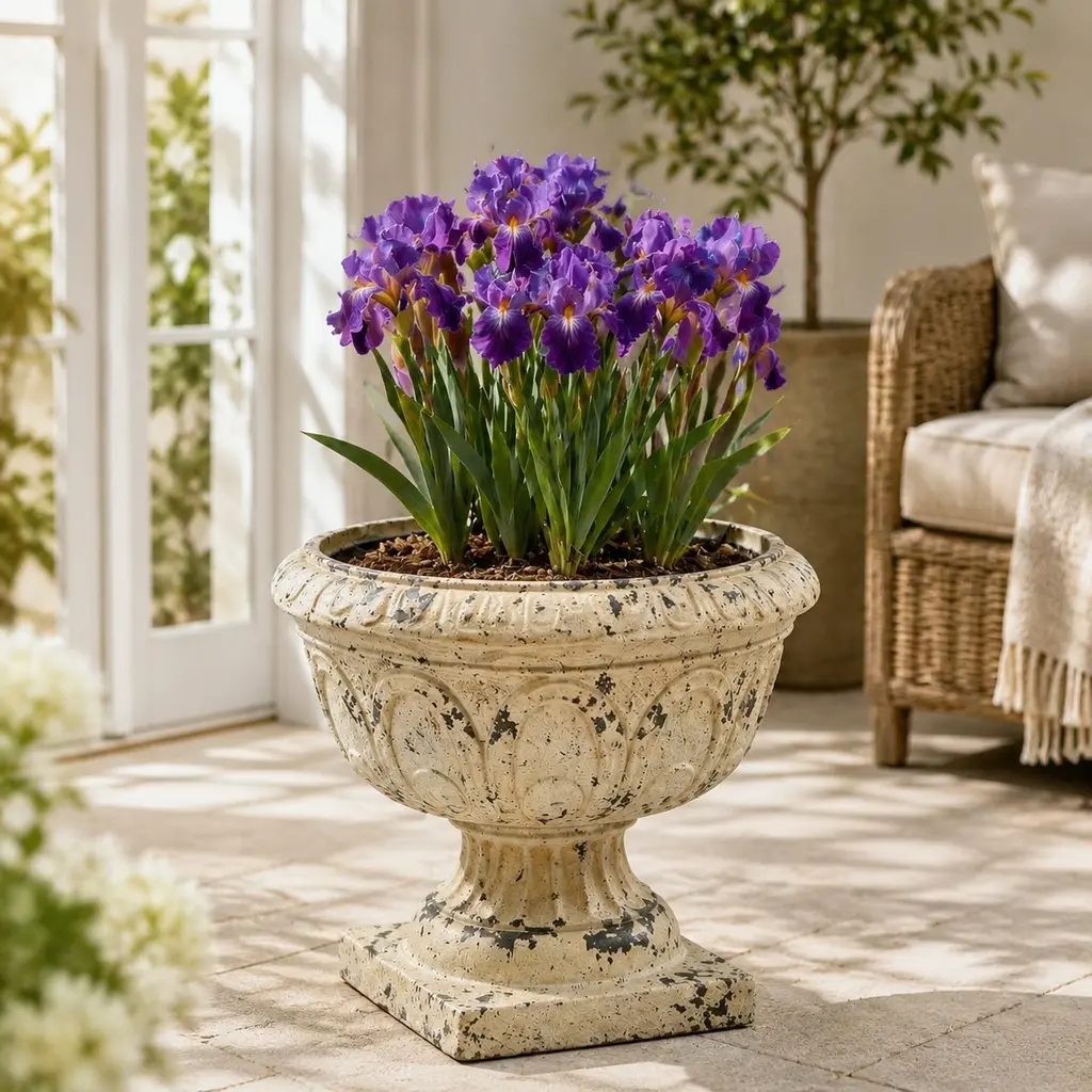 Antique Magnesium Oxide Arch Garden Planter, 17.71"W x 17.71"D x 14.56"H, 12.76 lbs, with Drainage Hole & Stopper, Decorative Stone Large Raised Outdoor Urn, Antique White