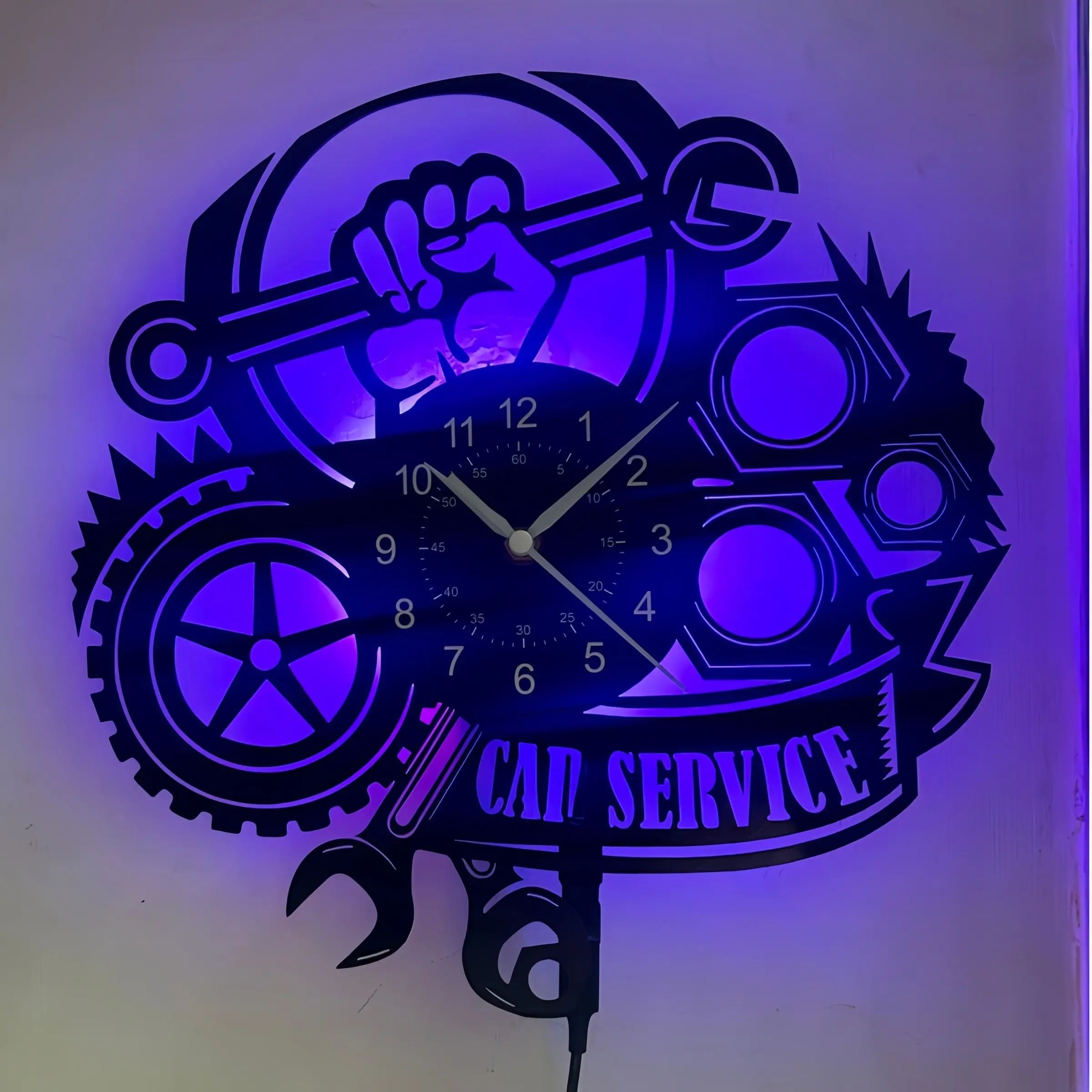 Auto Repair Theme LED Wall Clock, Features Wrench, Gear, Tire, Fist Elements, Ideal for Garage, Workshop Decor, Perfect Gift for Car Enthusiasts