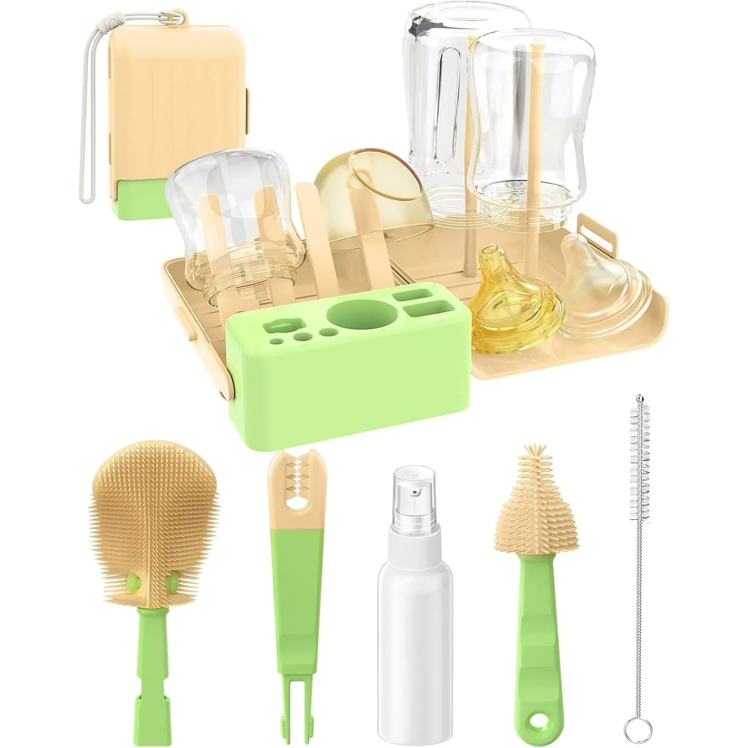 7-in-1 Baby Bottle Brush Set, BPA-Free Travel Cleaning Kit with U-Shaped Silicone, Nipple & Straw Brushes, Portable Drying Rack, Soap Dispenser & Storage Box – Essential for Home & Travel(Gift)