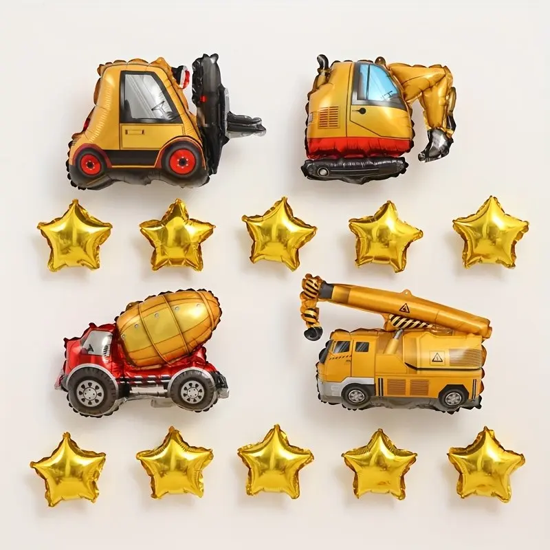 14-Piece Construction Theme Balloon Set, Includes Excavator, Dump Truck, Forklift, Mixer Truck, Crane Balloons, Star Balloons, Perfect for Birthday Parties