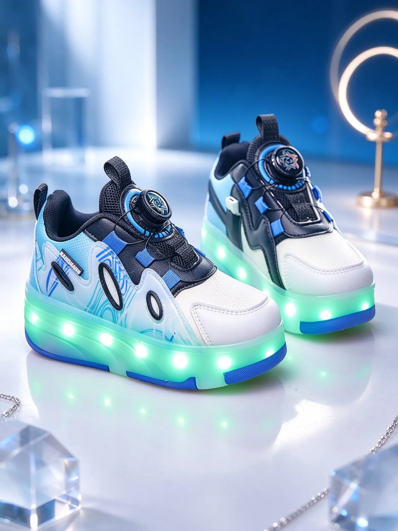 LED Flashing Four-Wheel Roller Skates, Rechargeable, Adjustable Knob, Dual-Use, Outdoor Play, PU Leather, All Seasons