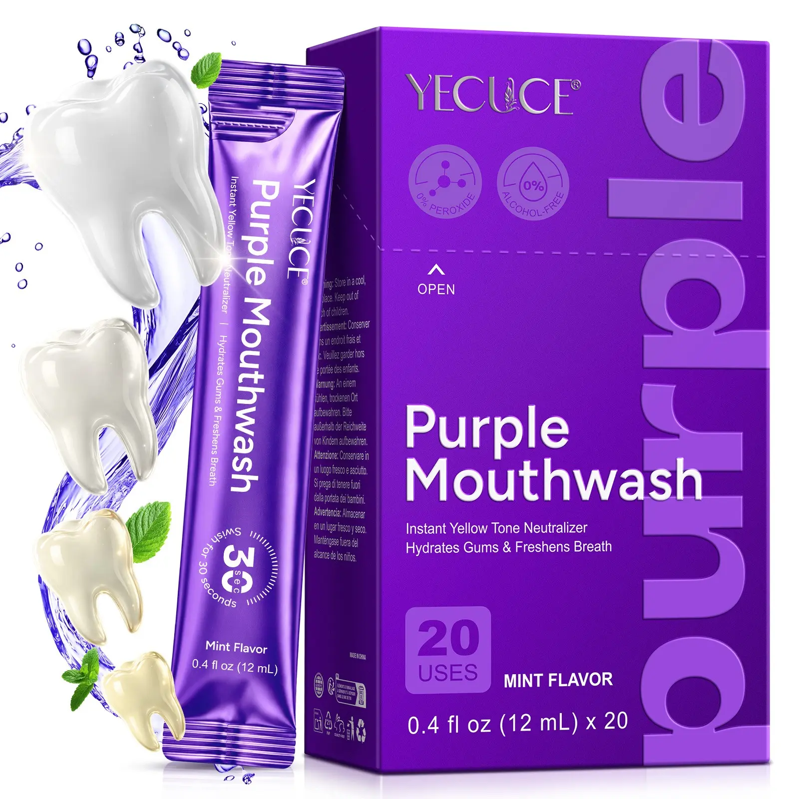 Yecuce Purple Teeth Whitening Mouthwash, Color-Adjusting Liquid, Alcohol-Free, Mint Flavor, 20 Pouches, Vegan Formula, Fresh Breath, Gum Health, Travel Mouthwash Packets