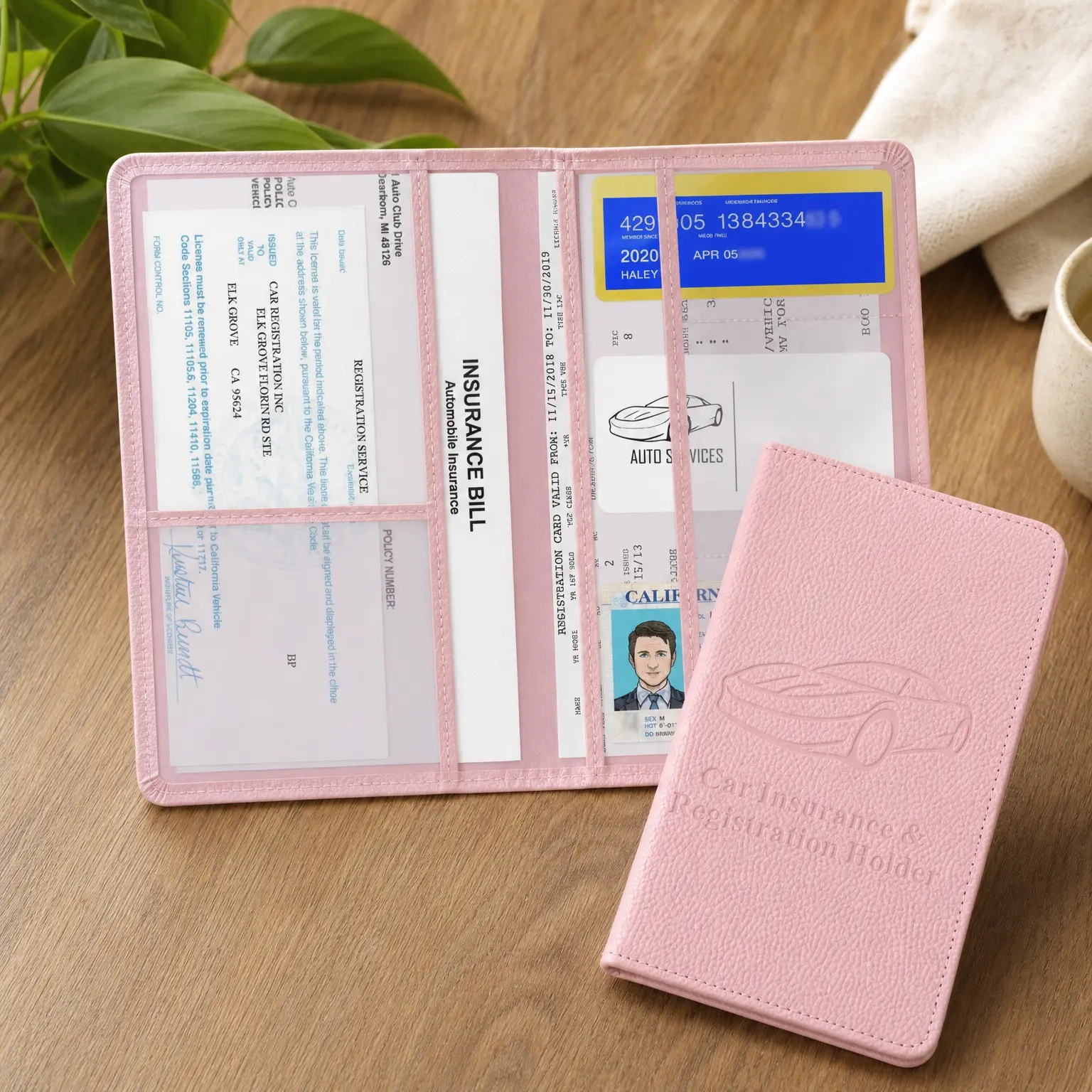 Premium Car Registration and Insurance Card Holder, Document Organizer for Driver License & Essential Cards (Pink)