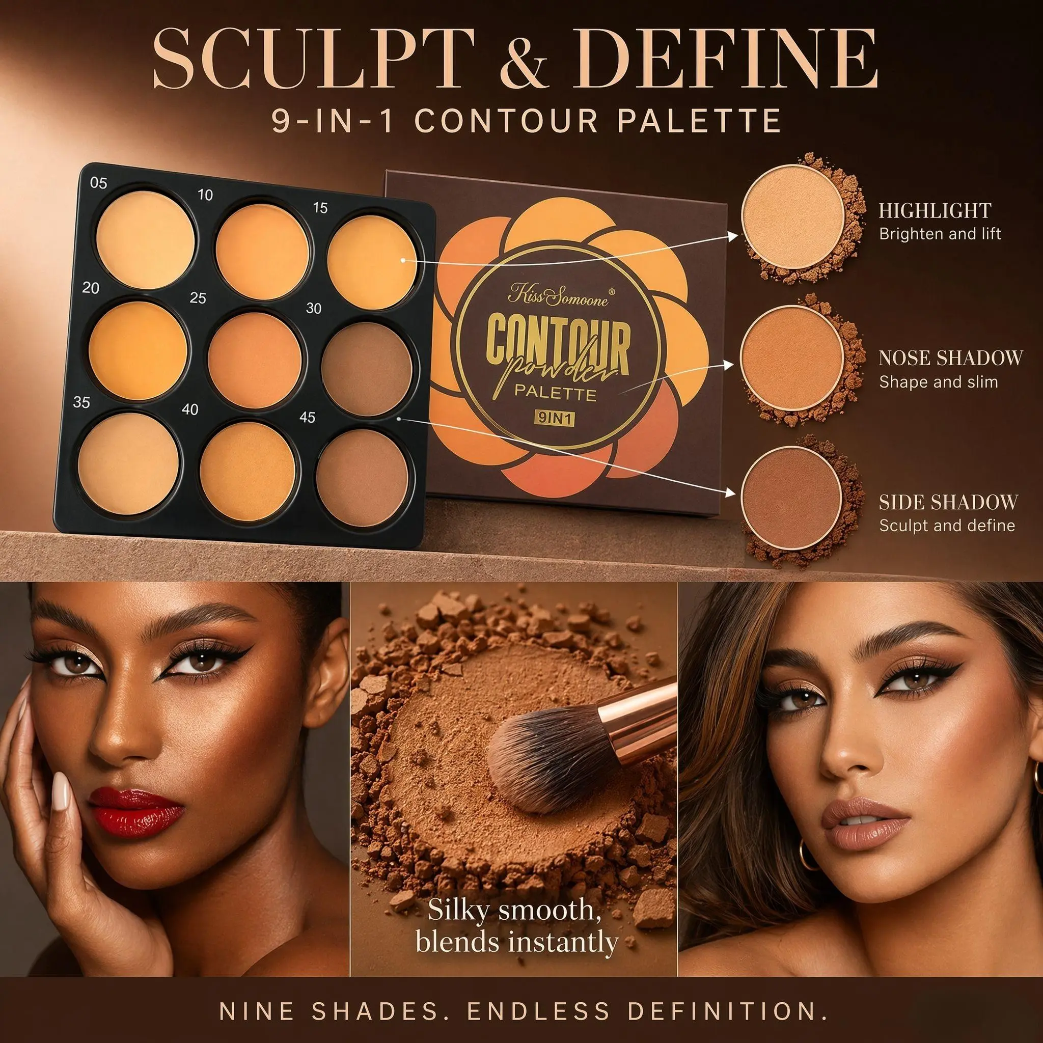 9-color matte contour, Matte Powder Bronzer and concealer palette, suitable for medium to deep skin tones, with highlighting and sculpting effects, waterproof, sweat-resistant, long-lasting, ideal for daily commute