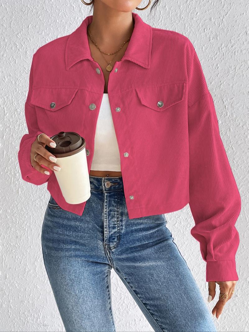 Women's Plain Button Front Drop Shoulder Jacket, Casual Pocket Design Long Sleeve Corduroy Jacket for Fall & Winter