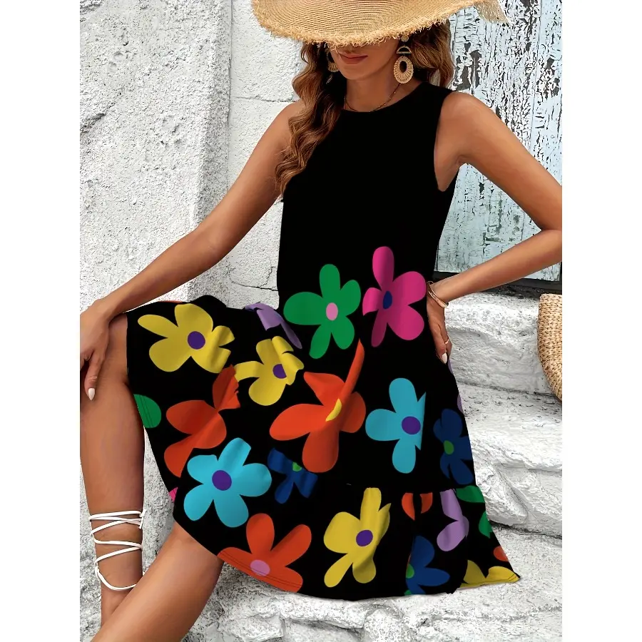 Bohemian Ladies Elegant Sleeveless Dress, Crew Neck, Ruffle Edge Design, Horn Edge