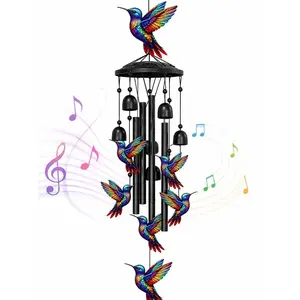 Outdoor Hummingbird Metal Wind Chimes with Colorful Rainbow Bells, Garden Patio Porch Decor, Remembrance Ornament for Women, Mom, Grandma, Memorial Gift