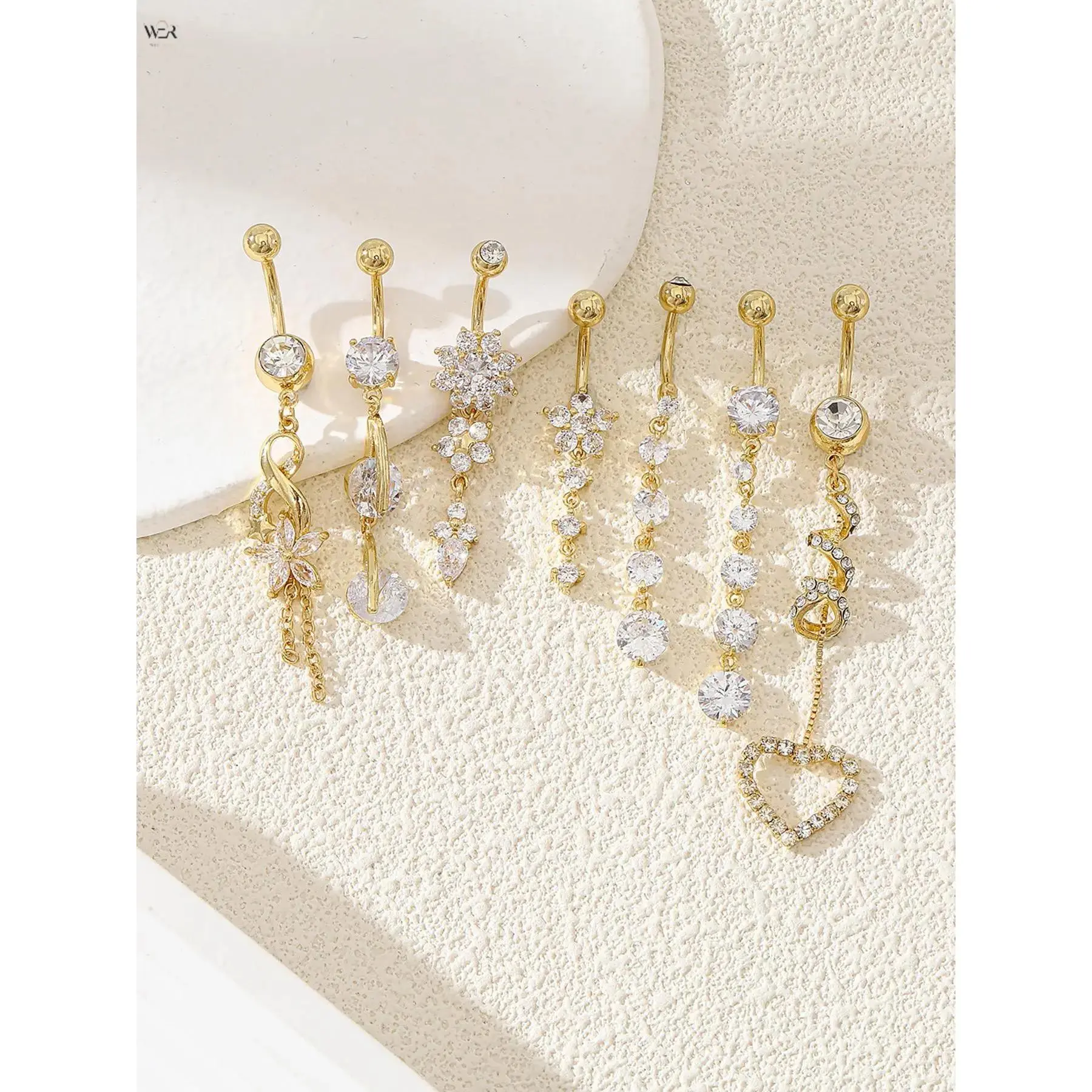7Pcs Dangle Crystal Belly Button Rings Set, Gold & Silver Stainless Steel Navel Piercing Jewelry, Heart Star Flower Infinity Long Chain Dangling Belly Bars Women Body Piercing Gift