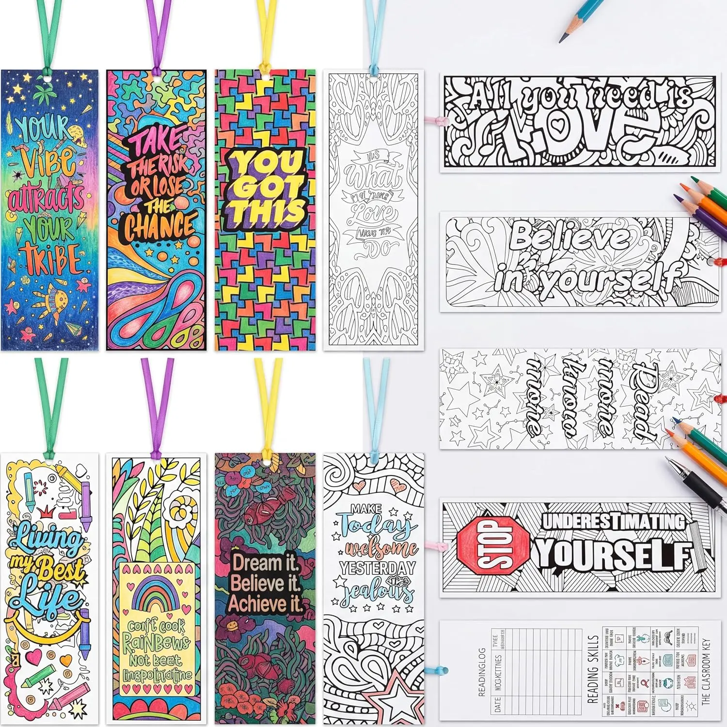 120 count Color Your Own Bookmarks for ,  to School Supplies DIY Coloring Bookmarks Bulk Double-Sided Inspirational Classroom  for Students Teachers Reading Activity Book Lover