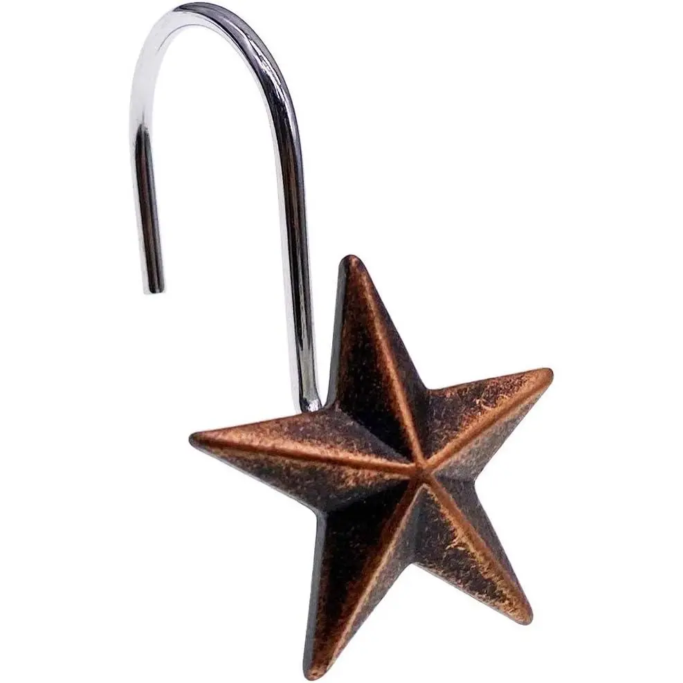 Star Shower Curtain Hooks Rings, Set of 12 Retro Bronze Decorative Shower Hooks,Stainless Steel Rustproof Shower Rings for Bathroom(Stereoscopic Brown Star)
