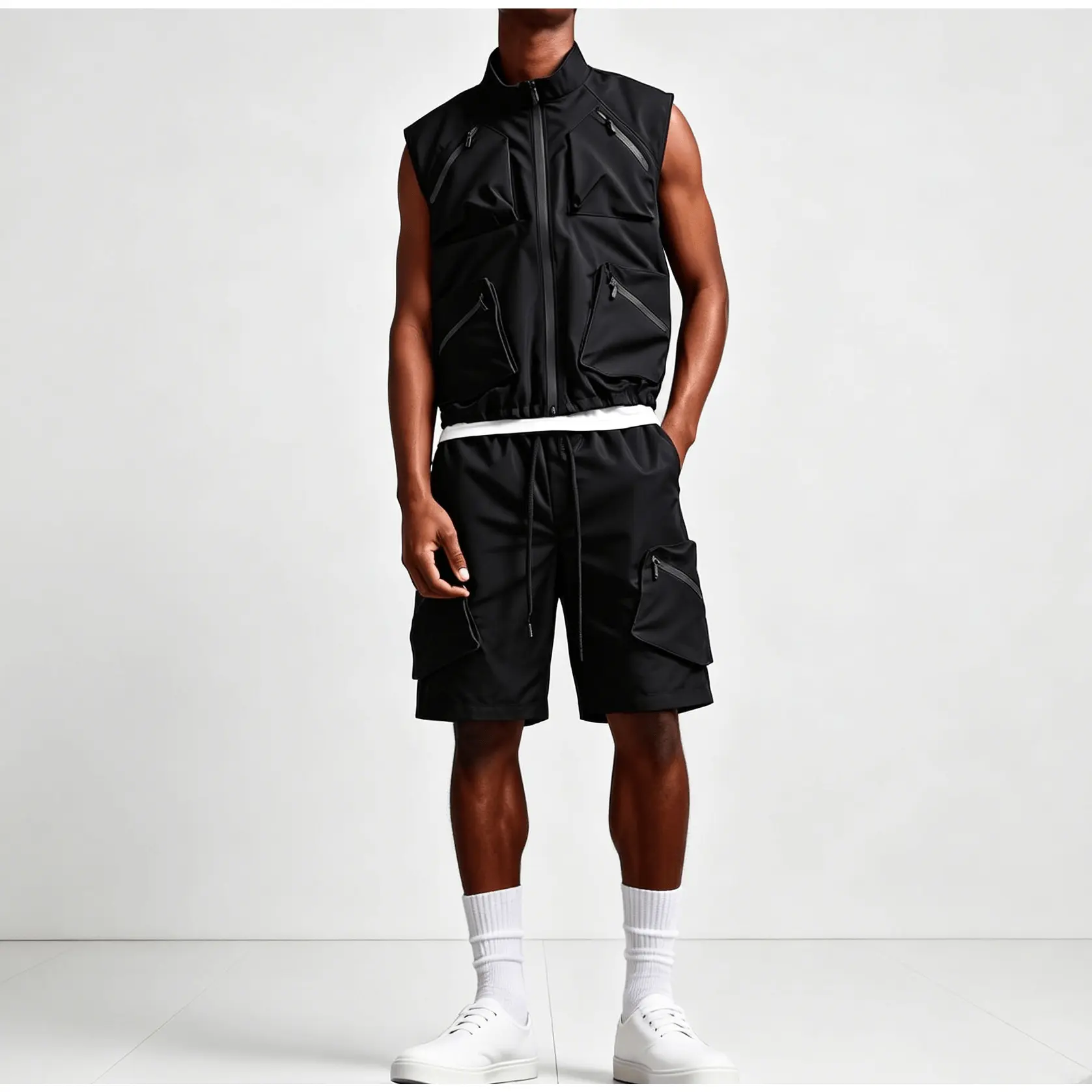 Men's 2-Piece Techwear Cargo Menswear Set - Breathable Streetwear with Sleeveless Multi-Pocket Vest, Zippered Drawstring Elastic Hem Shorts, Jacket for Outdoor Use shirt polo solid casual summer outfit track energetic lifestyle jacquard texture, Zippers,,