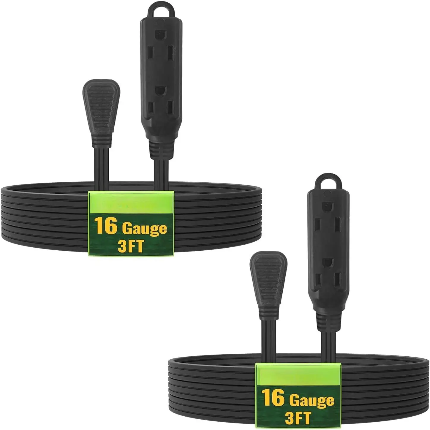 3 Ft 3 Outlet Indoor Extension Cord with Flat Plug, 3 Prong Grounded 16/3 SPT-3 Power  with Multi Outlet Plug, Black, 2 Pack