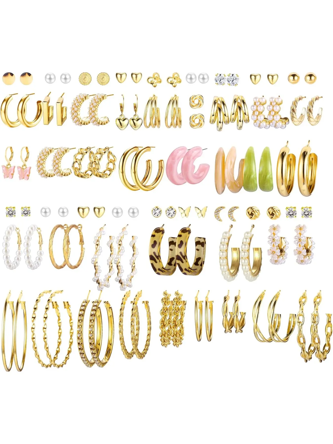 50 Pairs Gold Textured Hoop Earrings Set for Women, Alloy Multiple Style Earrings Pack, Pearl Butterfly Leopard Print CZ Stud Hoop Drop Earrings, Trendy Stackable Fashion Jewelry Gift for Girls