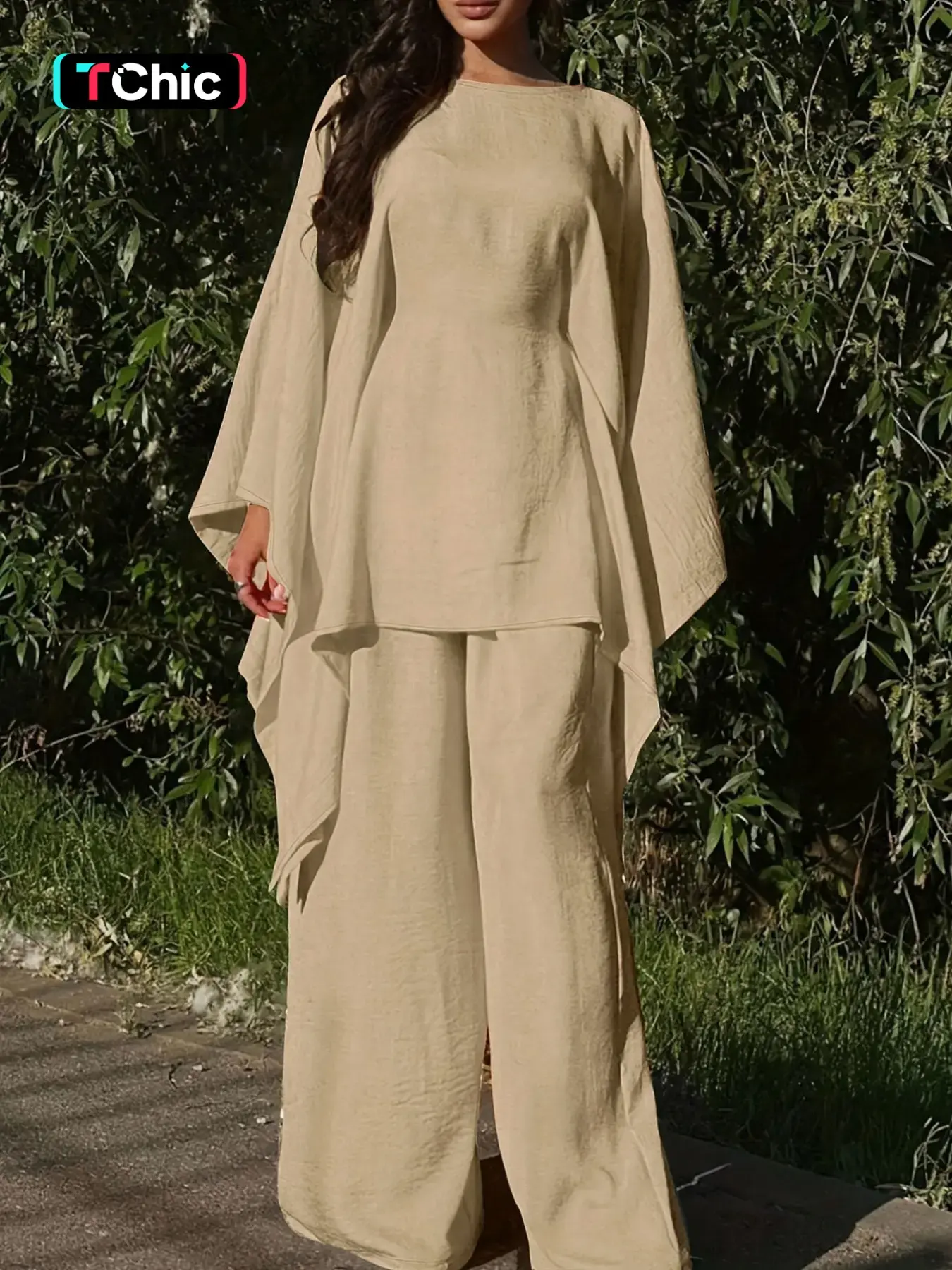 Women's Loose Two-Piece Set, Basic Minimalist Long Hoodie Top + Wide Leg Pants, Casual Natural Style for Spring & Fall Seasons, Clothes
