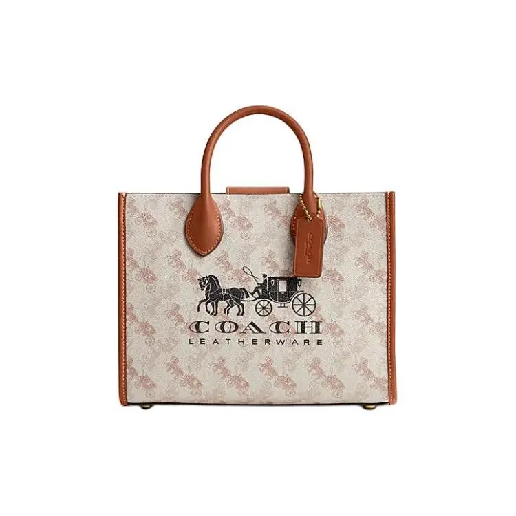 Coach Ace 26 Logo Equestrian Print Tote Bag for Women – Faux Leather and Genuine Leather, Chalk White and Highlight Amber