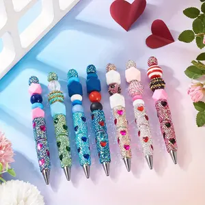 7pcs/10pcs Full Diamond Beadable Pens, Glitter Rhinestone Beaded Pens Fancy Cute Heart Gem Crystal Shaft Black Ink Ballpoint Pen for DIY Beaded Gifts
