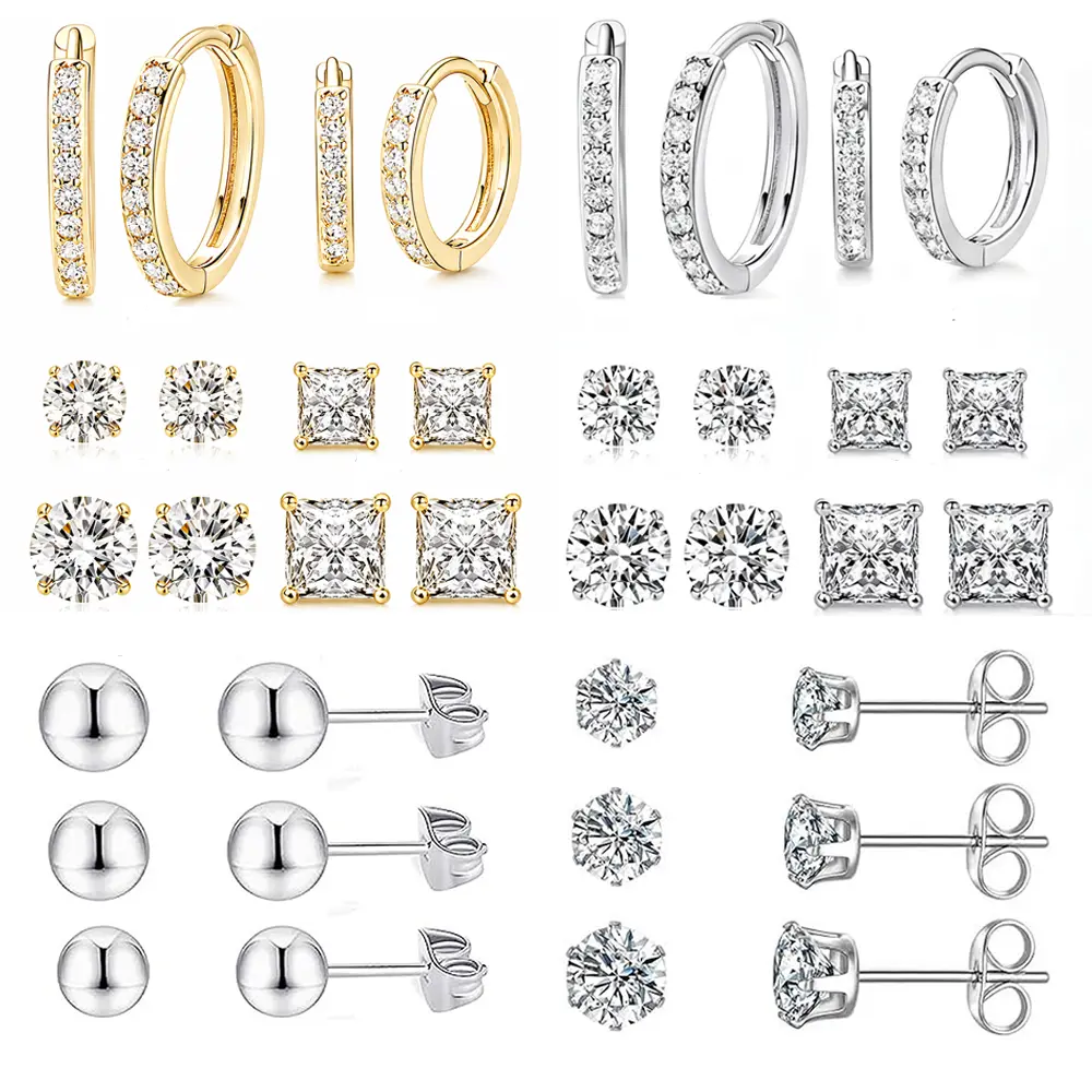 5-Pairs/6-Pairs Exquisite 316L Stainless Steel Stud Earrings Set | Hypoallergenic 5mm/7mm/10mm/12mm Square Round Shiny Cubic Zirconia Earrings Surgical Steel CZ Ear Stud Hoop Earrings
