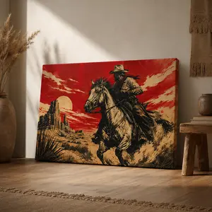 Western Cowboy Horse Canvas Wall Art, Desert Rider Landscape Poster, Rustic Wild West Wall Decor for Living Room, Bedroom, Office, Man Cave, Ranch Style Room, Unframed Canvas Poster or Framed Canvas Wrap